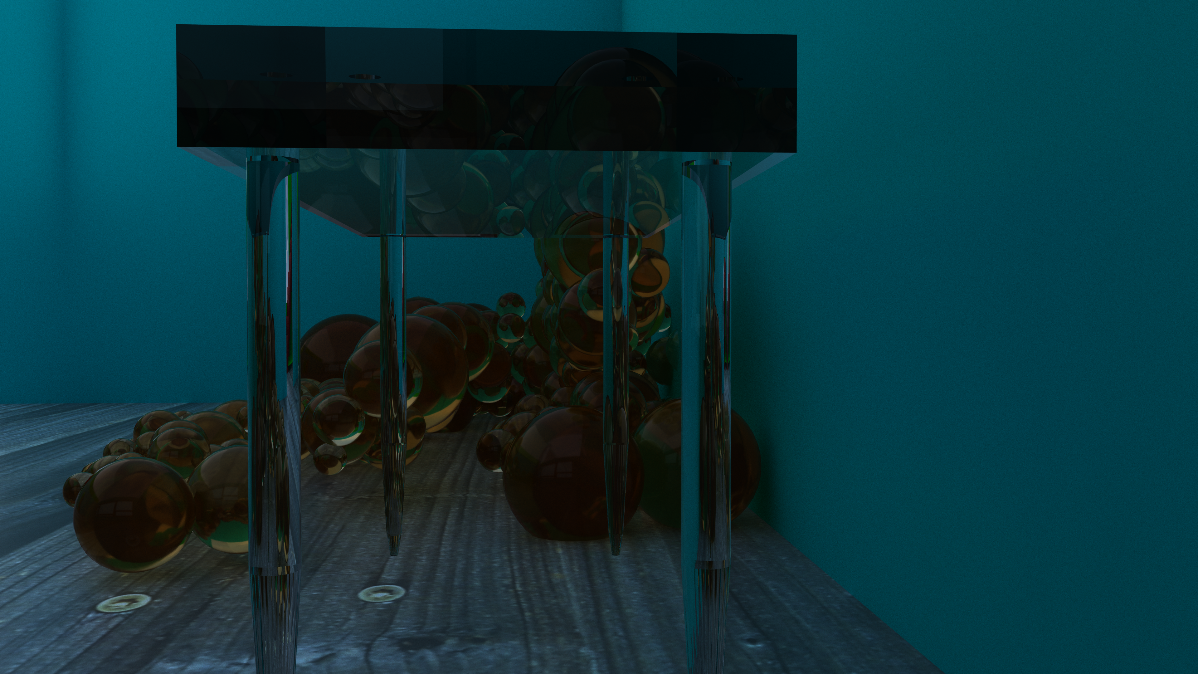 3D rendered room with a glass table and a mound of glass balls