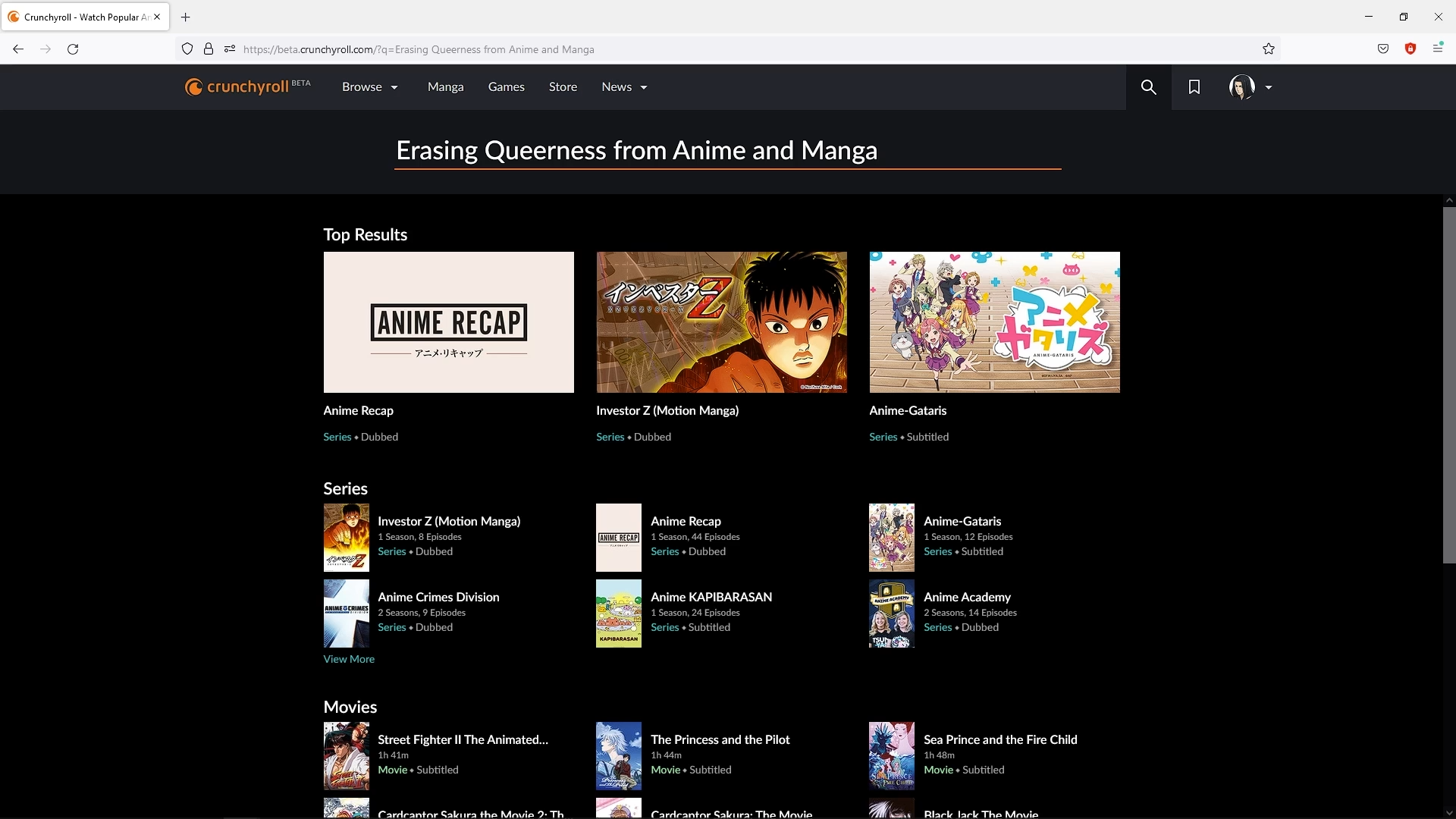 Thumbnail for Thesis. It shows the front page of Crunchyroll with a search being entered. It reads: Erasing Queerness from Anime and Manga.